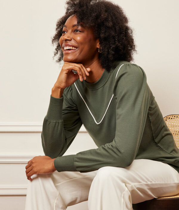 The Softest French Terry Contrast Puff-Sleeve Pullover - Olive & White Sand - Image 4