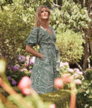 The Coastal Poplin Puff-Sleeve Wrap Midi Dress - Dotted Palms in Seagreen & White Sand