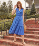 The Coastal Poplin Ruffle-Neck Midi Dress - Indigo