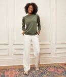 The Softest French Terry Contrast Puff-Sleeve Pullover - Olive & White Sand
