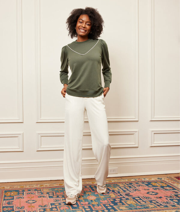 The Softest French Terry Contrast Puff-Sleeve Pullover - Olive & White Sand - Image 5