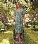 The Coastal Poplin Puff-Sleeve Wrap Midi Dress - Dotted Palms in Seagreen & White Sand
