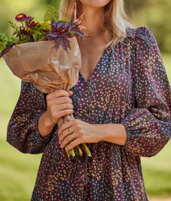 The Countryside Poplin Button Down Midi Dress - Floral Prairie in Chocolate - Image 2