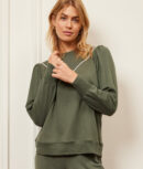 The Softest French Terry Contrast Puff-Sleeve Pullover - Olive & White Sand