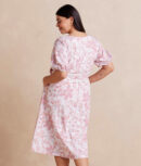 The Coastal Poplin Puff-Sleeve Wrap Midi Dress - Batik Floral in Faded Rose & White Sand