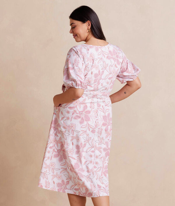 The Coastal Poplin Puff-Sleeve Wrap Midi Dress - Batik Floral in Faded Rose & White Sand - Image 5
