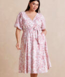 The Coastal Poplin Puff-Sleeve Wrap Midi Dress - Batik Floral in Faded Rose & White Sand