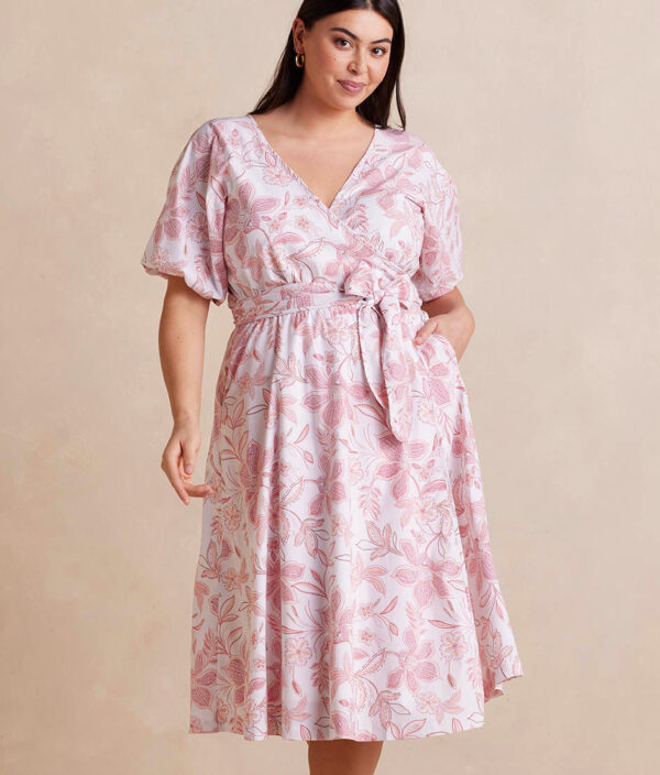 The Coastal Poplin Puff-Sleeve Wrap Midi Dress - Batik Floral in Faded Rose & White Sand - Image 4