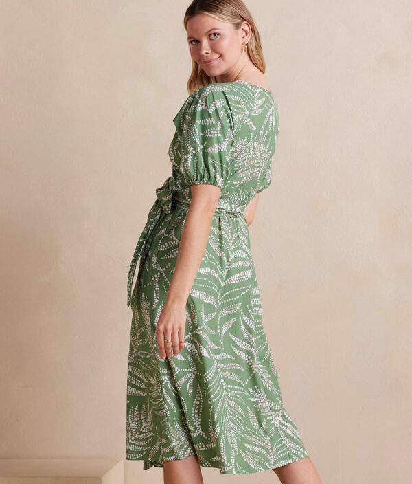 The Coastal Poplin Puff-Sleeve Wrap Midi Dress - Dotted Palms in Seagreen & White Sand - Image 2