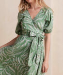 The Coastal Poplin Puff-Sleeve Wrap Midi Dress - Dotted Palms in Seagreen & White Sand