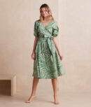 The Coastal Poplin Puff-Sleeve Wrap Midi Dress - Dotted Palms in Seagreen & White Sand