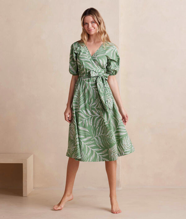 The Coastal Poplin Puff-Sleeve Wrap Midi Dress - Dotted Palms in Seagreen & White Sand - Image 3