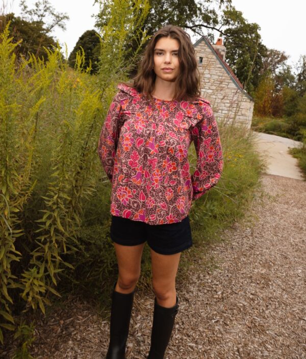 The Countryside Poplin Ruffle Blouse - Vineyard Blooms in Pinot - Image 2
