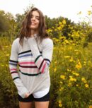 The Coziest Cashmere Blend Striped Crew - Rainbow Stripe on Wolf