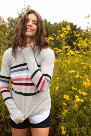 The Coziest Cashmere Blend Striped Crew - Rainbow Stripe on Wolf