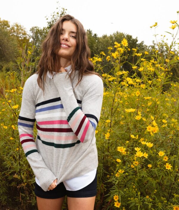 The Coziest Cashmere Blend Striped Crew - Rainbow Stripe on Wolf