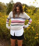 The Coziest Cashmere Blend Striped Crew - Rainbow Stripe on Wolf
