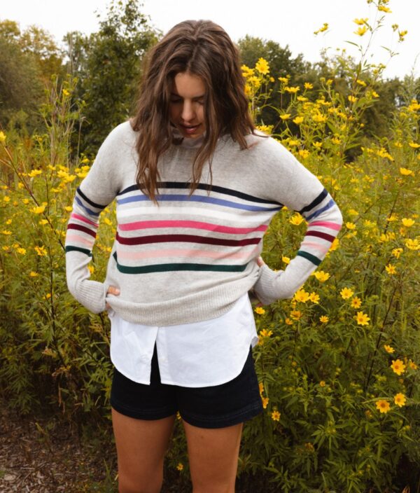 The Coziest Cashmere Blend Striped Crew - Rainbow Stripe on Wolf - Image 2
