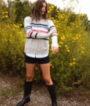 The Coziest Cashmere Blend Striped Crew - Rainbow Stripe on Wolf