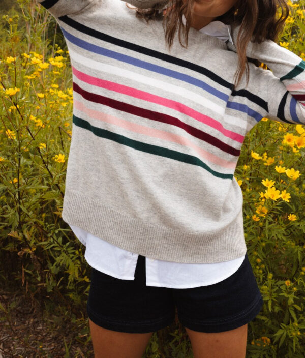 The Coziest Cashmere Blend Striped Crew - Rainbow Stripe on Wolf - Image 4