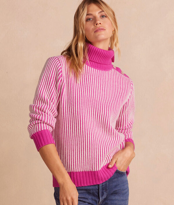 The Luxe Cashmere Blend Two-Tone Button Neck Sweater - Hibiscus & Dune - Image 2