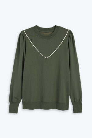 The Softest French Terry Contrast Puff-Sleeve Pullover - Olive & White Sand