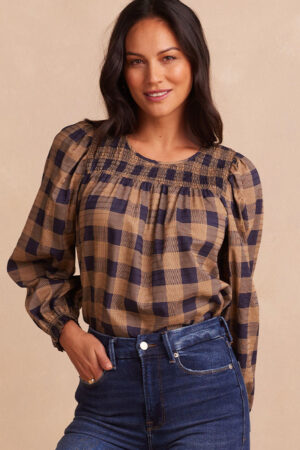 The Perfect Smocked Cotton Top - Buffalo Check in Midnight & Toffee