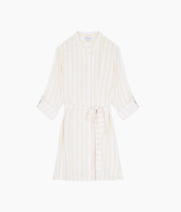 The Silky Luxe Short Effortless Shirtdress Cover-Up - Beach Stripe in Sandshell - Image 4