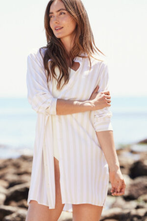 The Silky Luxe Short Effortless Shirtdress Cover-Up - Beach Stripe in Sandshell
