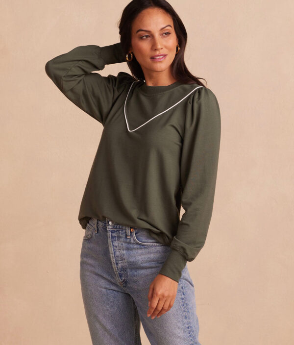 The Softest French Terry Contrast Puff-Sleeve Pullover - Olive & White Sand - Image 2
