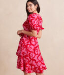 The Silky Luxe Puff Sleeve Beach to Brunch Wrap Dress - Pop Floral in Lava