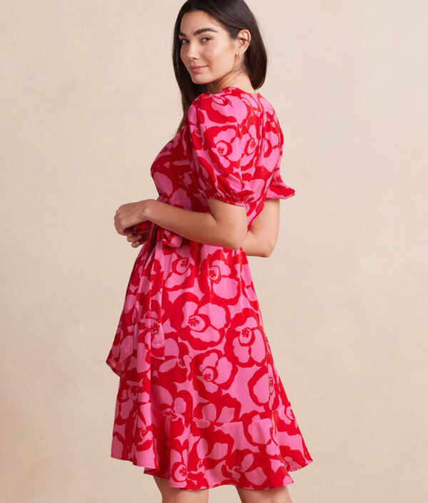 The Silky Luxe Puff Sleeve Beach to Brunch Wrap Dress - Pop Floral in Lava - Image 2