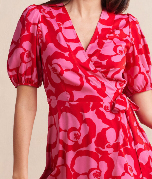 The Silky Luxe Puff Sleeve Beach to Brunch Wrap Dress - Pop Floral in Lava - Image 3